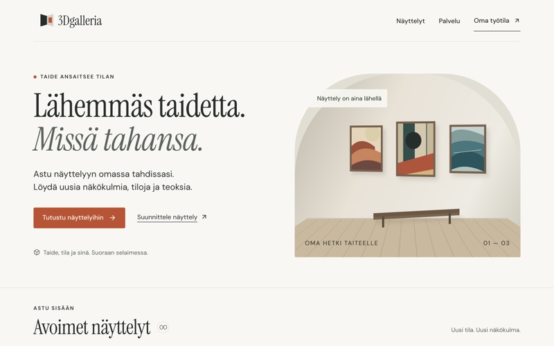 Ruutukaappaus 3Dgalleria-palvelun etusivusta: virtuaalinäyttelyn näkymä, jossa kolme teosta gallerian seinällä.