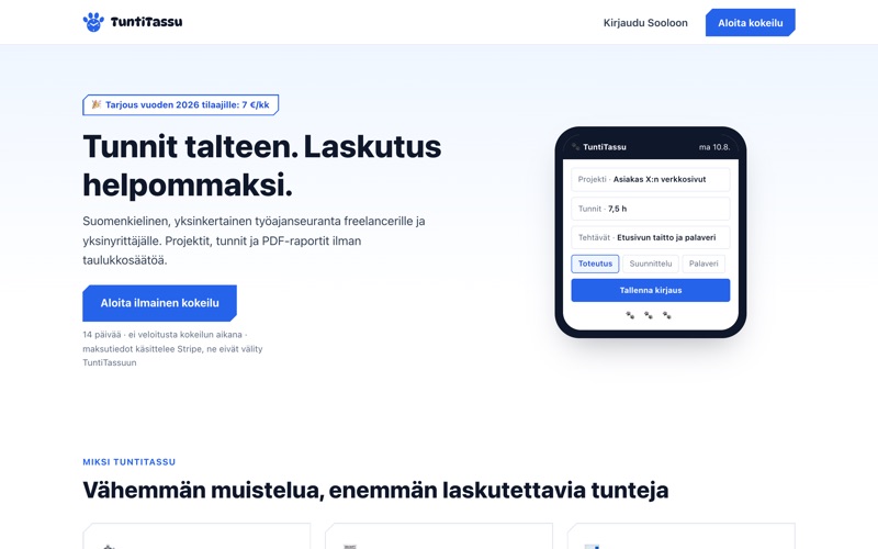 Ruutukaappaus TuntiTassu Soolo -palvelun etusivusta: esittelyteksti ja puhelinnäkymä tuntikirjauksesta, jossa näkyvät projekti, tunnit ja tehtävät.